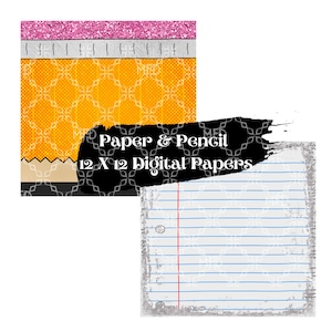 May include: A set of 12 digital papers featuring a yellow pencil with a pink eraser and a white and blue lined paper. The papers are 12x12 inches and are perfect for scrapbooking, card making, and other paper crafts.