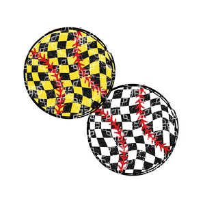 May include: Two baseballs with a chequered pattern. One baseball is yellow and black, and the other is black and white. Both baseballs have red stitching.