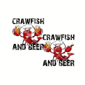 Puede incluir: Un cangrejo de río de dibujos animados con un gorro de cocinero sostiene una jarra de cerveza en cada mano. El texto "Crawfish and Beer" está escrito en una fuente negra desgastada.