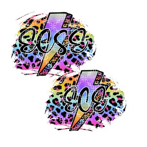 May include: Two colourful lightning bolt designs with the word "Boss" written in a black cursive font. The designs are set against a background of pink, orange, yellow, blue, and green leopard print.