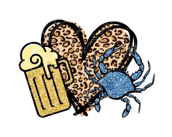 Beer Love Blue Crab PNG, Crab and Beer Digital Download, Blue Crab Heart Leopard Digital Design, Sublimation Digital Design