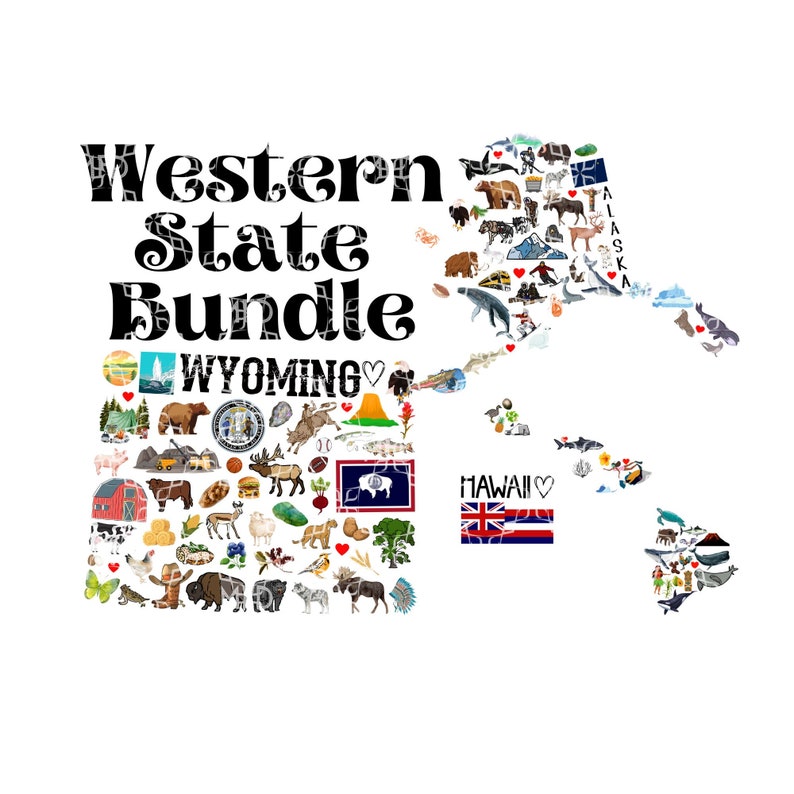 Western 3 State Bundle PNG, Wyoming Alaska Hawaii Symbols Digital