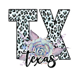 May include: A graphic design featuring the letters "TX" in a black and white leopard print with a blue and purple floral design and the word "texas" in black script.