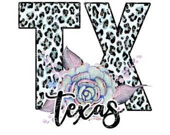 Texas Initials PNG, State Of Texas Initials Digital Download,  Digital Design, TX Teal Leopard Succulents Sublimation Digital Design