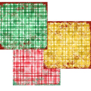 Könnte beinhalten: Drei quadratische Designs mit einem verwitterten Karomuster. Die Designs zeigen grüne, gelbe und rote Hintergründe mit weißen floralen Akzenten. Jedes Quadrat hat einen roten Rand und einen Grunge-Effekt.