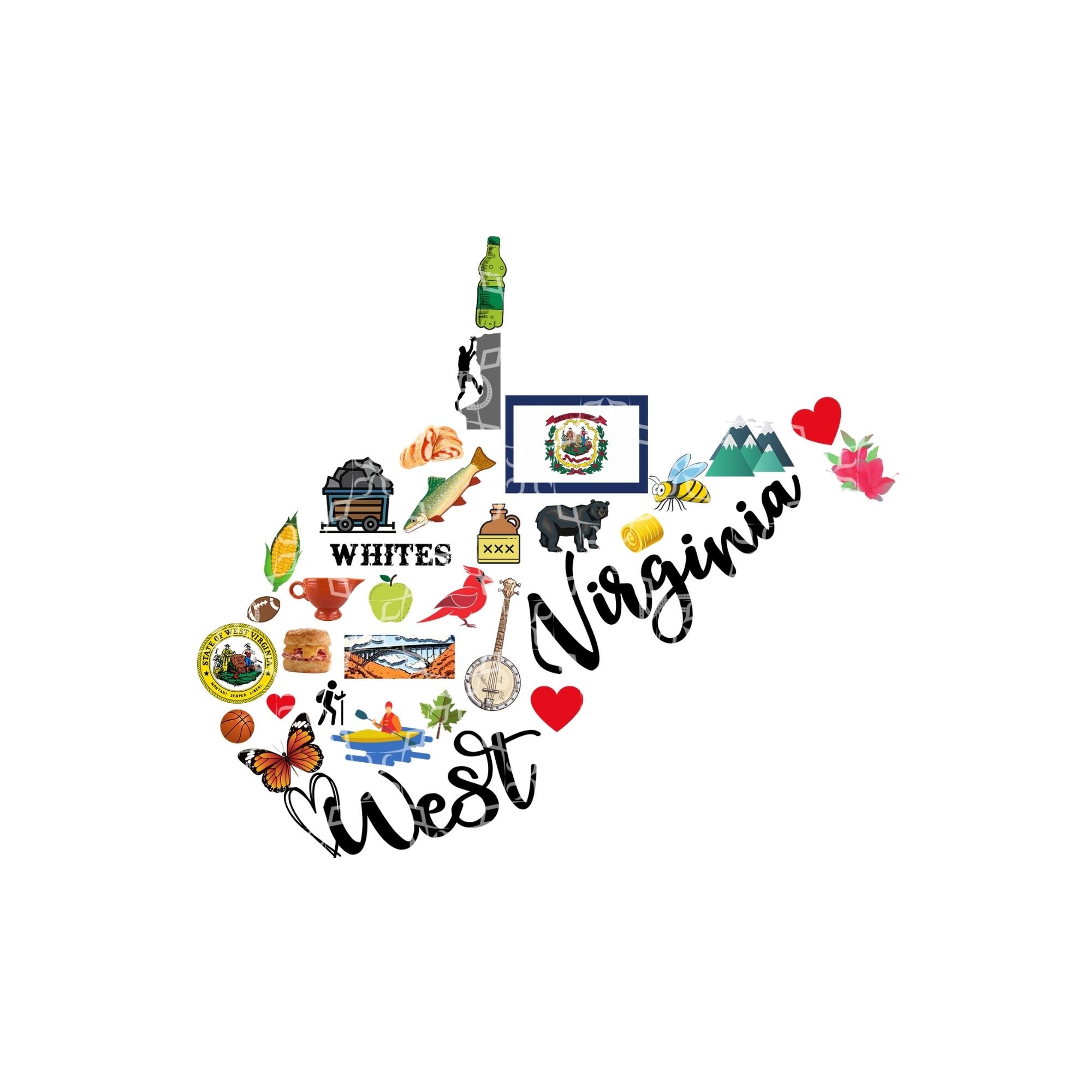 West Virginia PNG, State Of West Virginia Favorites Symbols Digital Download, Mountain Digital Design, Favorites Sublimation Digital Design