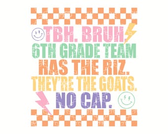 TBH Bruh Sixth Grade Has the Rizz PNG, Goats No Cap-lärare digital nedladdning, lärare sjätte klass digital design, skolsublimeringsdesign
