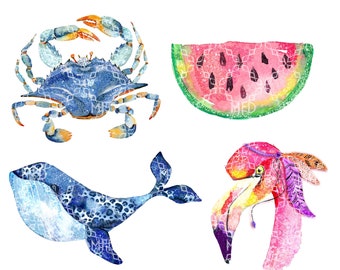 Summer Beach Digital Elements PNG Bundle, Summer Clipart Bundle Digital Download, Watermelon, Crab, Whale, Flamingo Digital Element