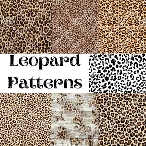 May include: A collage of six different leopard print patterns. The patterns are in various shades of brown, black, and white. The text "Leopard Patterns" is in the center of the collage.