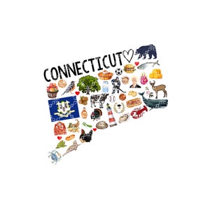 Puede incluir: Una ilustración colorida del estado de Connecticut, compuesta por varios iconos que representan la cultura, la historia y las atracciones del estado. La palabra "CONNECTICUT" está escrita en negro en la parte superior de la imagen, con un símbolo de corazón rojo a su lado.