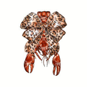 Può includere: Un'aragosta rossa con un grande fiocco a stampa leopardata legato attorno al suo corpo.