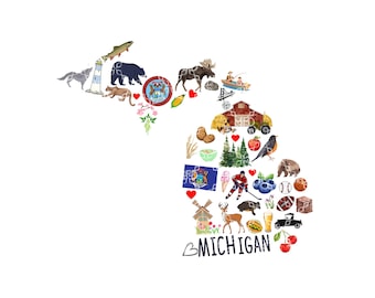 Michigan PNG, delstaten Michigans favoritsymboler digital nedladdning, Great Lake State digital design, Michigan sublimerings digital design
