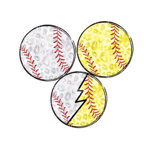 May include: Three softball designs with a white and yellow leopard print background. The stitching is red and the designs include a lightning bolt, a solid ball, and a ball with a red seam.