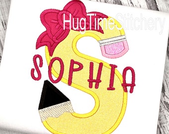 Personalized Pencil Applique Shirt: Glitter Bow, First Day of School
