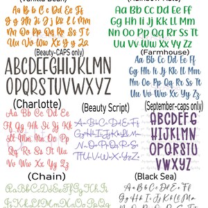 May include: A digital display titled Embroidery Fonts showcasing eight distinct alphabet styles labeled Vanilla Bean, Rainbow Kale, Beauty, Farmhouse, Charlotte, Beauty Script, September, Chain, and Black Sea in various colors and scripts.