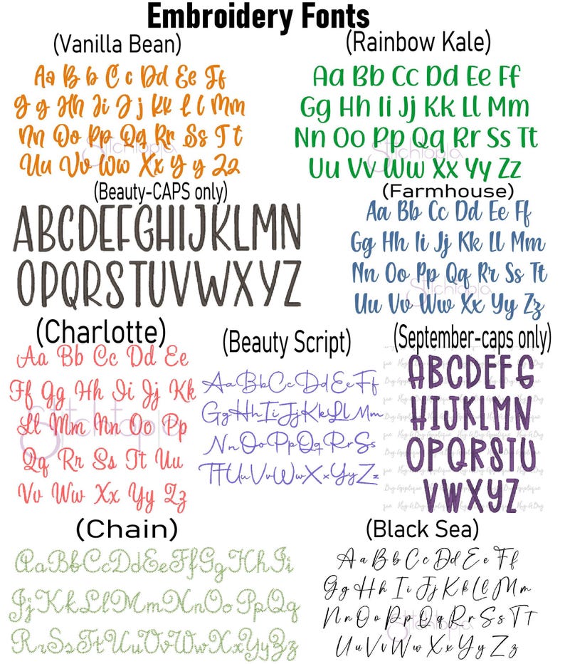 May include: A digital display titled Embroidery Fonts showcasing eight distinct alphabet styles labeled Vanilla Bean, Rainbow Kale, Beauty, Farmhouse, Charlotte, Beauty Script, September, Chain, and Black Sea in various colors and scripts.