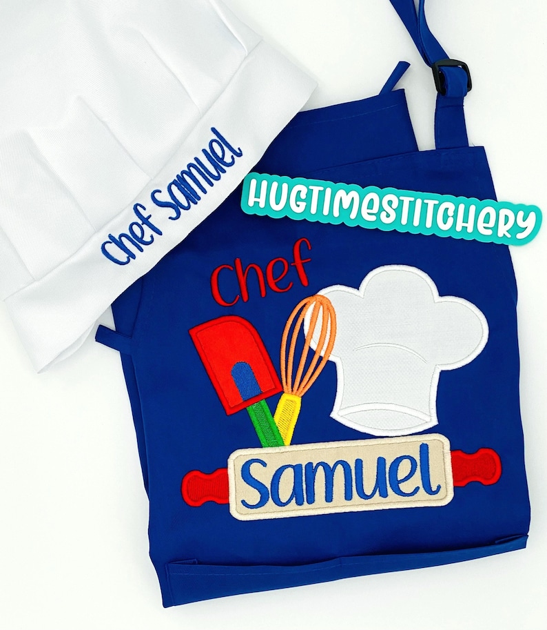 May include: A white chef hat embroidered with the blue text Chef Samuel, paired with a royal blue apron featuring an embroidered red spatula, orange whisk, white chef hat, and a rolling pin with the blue name Samuel and red text Chef.