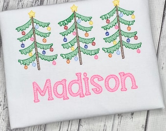 Girls Christmas tree Shirt / Trio Christmas tree / Embroidered Gift for Girls / Holiday Christmas shirt / Christmas tree sketch shirt