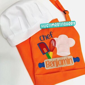 Custom embroidered Kids Chef Apron: Personalized with Name and & Chef Hat Design ORANGE