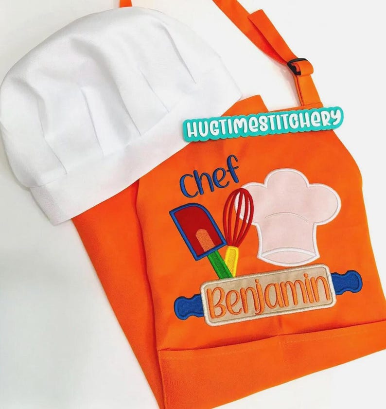 Custom embroidered Kids Chef Apron: Personalized with Name and & Chef Hat Design ORANGE