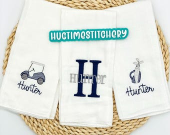 Golfing Personalized Embroidered Baby Burp Cloth: Cotton Monogram Baby Shower Gift