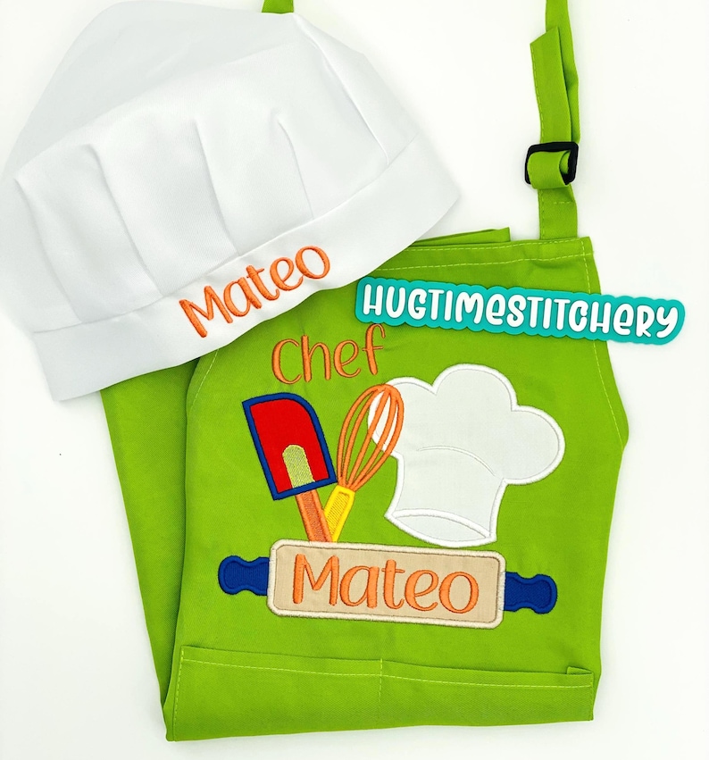 May include: A bright lime green apron and a white chef hat. The hat features the name Mateo embroidered in orange. The apron displays an embroidered design of a red spatula, orange whisk, white chef hat, and a blue rolling pin with Mateo in orange.