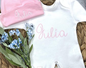 Personalized Baby Romper: Vintage Stitched Name, Fold-Over Mittens