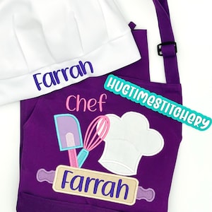 May include: A purple apron and a white chef hat set. The apron features an embroidered design of a spatula, whisk, and chef hat with the name Farrah in purple text. The hat is also embroidered with the name Farrah in purple. A teal logo reads HUGTIMESTITCHERY.