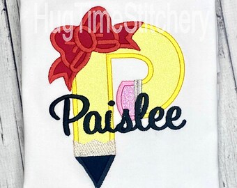 Personalized Pencil Applique Shirt: Glitter Bow, Back to School