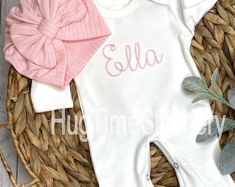 Embroidered Personalized Baby Romper: White Coming Home Outfit with Pink Turban