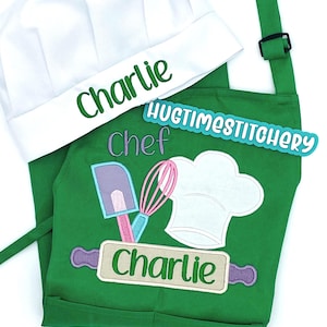 May include: A green apron and a white chef hat set. The hat is embroidered with the name Charlie in green. The apron features an embroidered design of a spatula, a whisk, a chef hat, and a rolling pin with the name Charlie in green text.