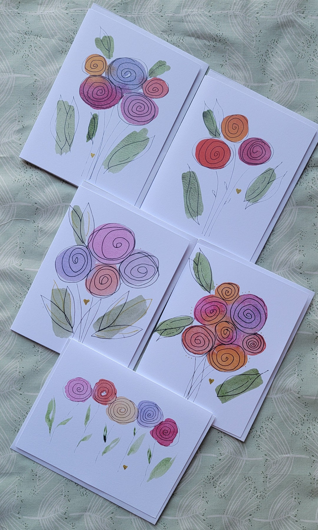 Watercolor Florals/doodles Print Note Cards, Set of 5 Cards. - Etsy