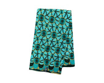 Blue Turquoise Gold Bind Circles Glitter African Ankara Print Fabric 6 Yards