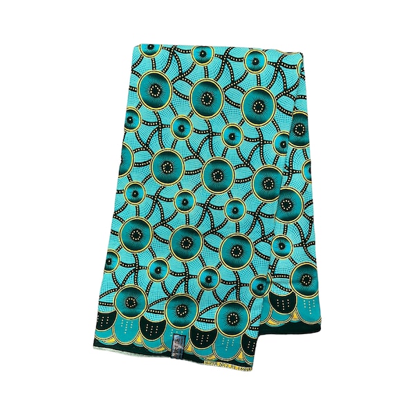 Blue Turquoise Gold Bind Circles Glitter African Ankara Print Fabric 6 Yards