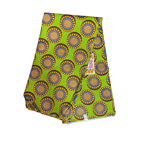 Green Lime Yellow Blue Brown Dotted Circles Glitter Ankara African Print Fabric Per Yard