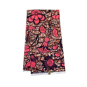 Brown Pink White Black Tulip Buttercup Aray Ankara African Print Fabric 6 Yards