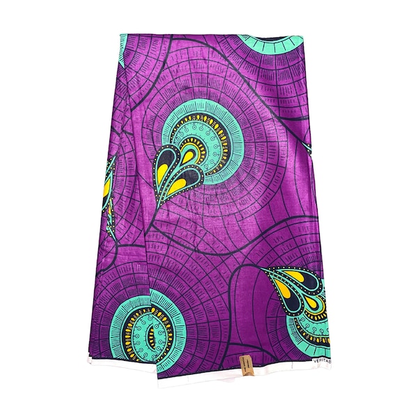 Purple Teal Yellow Black Peacock Feathers In A Pod Ankara African Print Fabric Per Yard