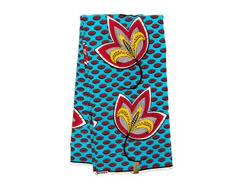 Tissu imprimé africain Ankara bleu sarcelle rouge jaune noir blanc pétale ouvert fleur 6 mètres