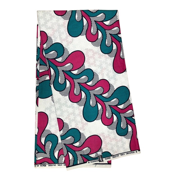 White Pink Teal Sprout Ankara African Print Fabric Per Yard