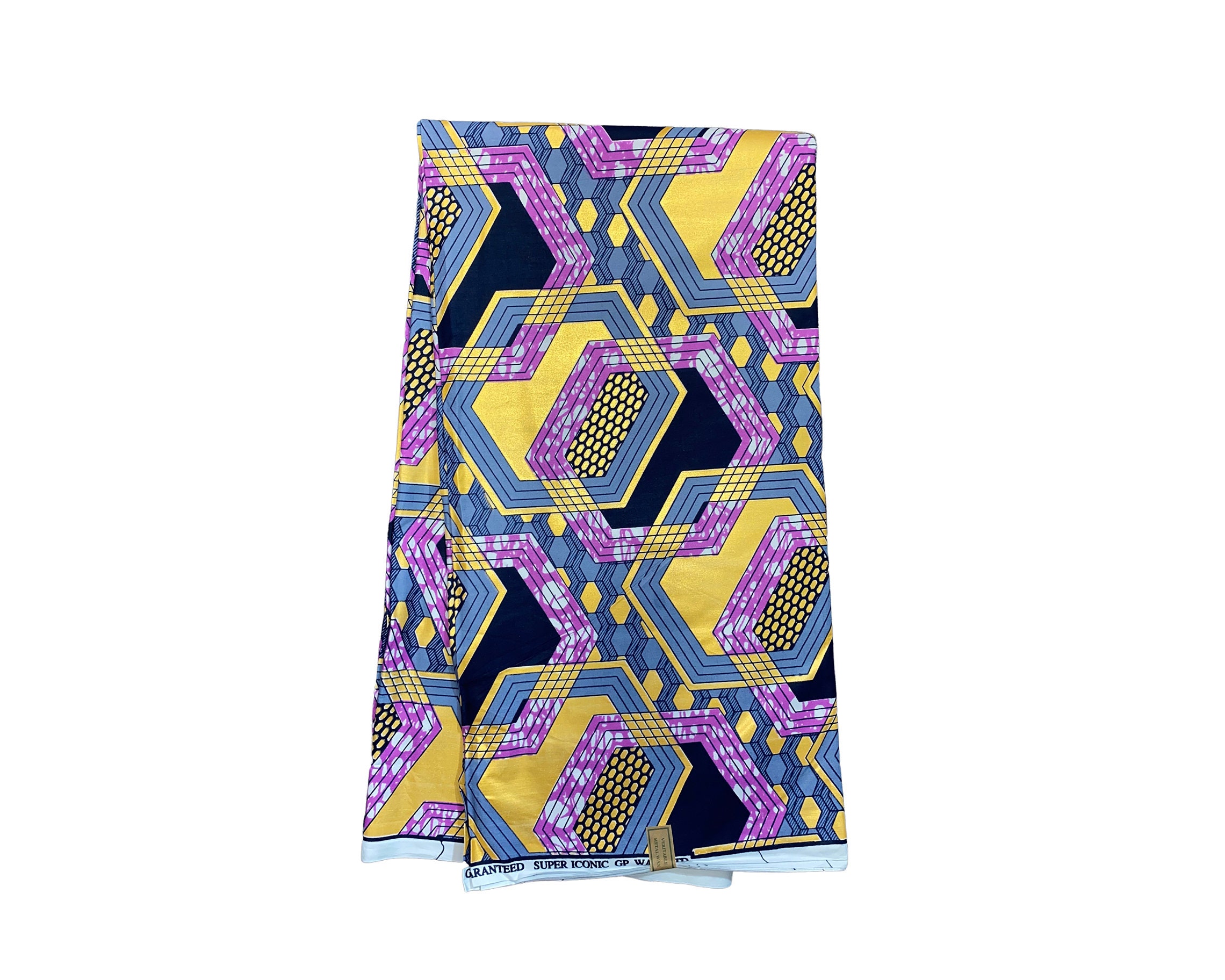 Purple Gold Blue Black White Hexagon Honey Comb African Ankara Print Fabric 6 Yards