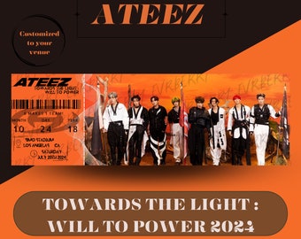 May include: A concert ticket for the K-pop group ATEEZ's "Towards the Light: Will to Power 2024" tour. The ticket is for a show at the BMO Stadium in Los Angeles, California on 29th July 2024.