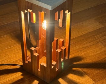 Cherry Wood Skyline Lamp | Handmade Maple Top Accent Table Lamp | Edison Bulb Modern Lighting | Repurposed Wood Nightstand