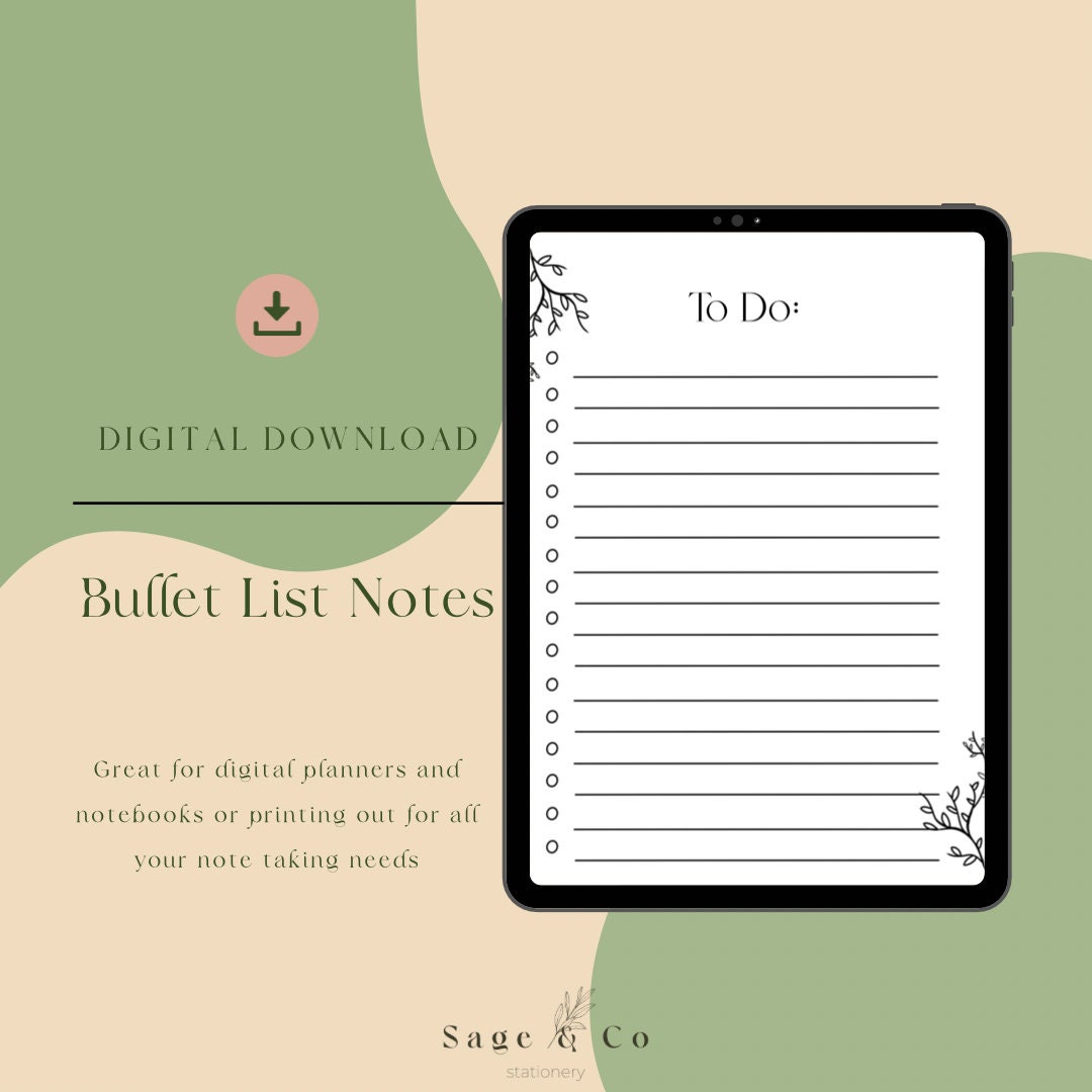 Digital Notes| Bullet Notes Page| Printable Notes Sheet| PDF File - Etsy