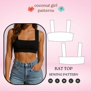Puede incluir: Top corto negro acanalado con cuello cuadrado, combinado con pantalones cortos de mezclilla. La imagen también presenta un patrón de costura para el "KAT TOP" en tallas XS a XL, con el texto "coconut girl patterns".