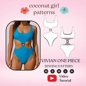 Puede incluir: Un bañador turquesa de una pieza con un diseño recortado y detalles de anillos dorados. La imagen incluye un diagrama de patrón de costura y el texto "coconut girl patterns" y "VIVIAN ONE PIECE SEWING PATTERN".