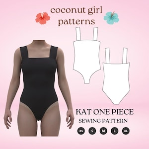 Pode incluir: Fato de banho preto de uma peça com decote quadrado e alças largas. A imagem inclui um desenho linear do fato de banho e o texto "KAT ONE PIECE SEWING PATTERN" com opções de tamanho de XS a XL. O fundo é rosa claro.