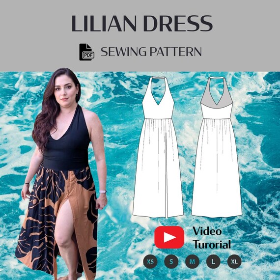 Halter Maxi Dress With Thigh Slit Casual A0 Pdf Sewing Pattern - Etsy