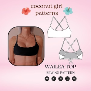 Puede incluir: Se muestra un top de bikini negro en una foto enmarcada, con un dibujo lineal del top y un diseño similar. También se muestra el texto "coconut girl patterns" y "Wailea Top Sewing Pattern". Se indican las tallas XS a XL.