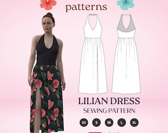 Halter maxi dress with thigh slit casual A0 pdf sewing pattern