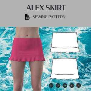 Pode incluir: Uma saia magenta com bainha com babados é exibida. A imagem também mostra um diagrama de padrão de costura e o texto "ALEX SKIRT SEWING PATTERN". Os tamanhos XS, S, M, L e XL são indicados.